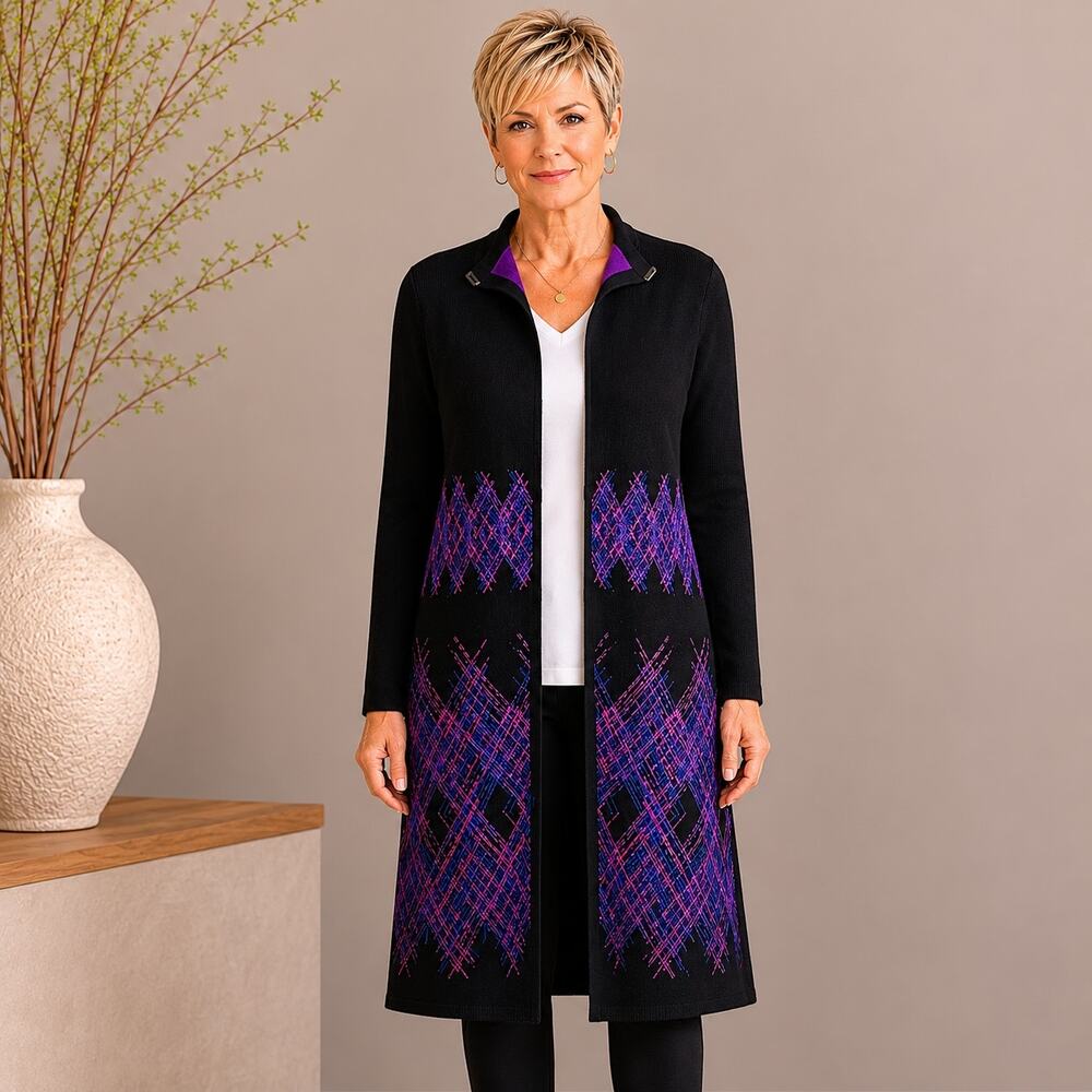 Carlisle Black Purple  Longline Knit  Cardigan Medium